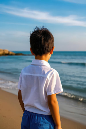 Back view of a boy standing on the beach and looking at the seaの素材