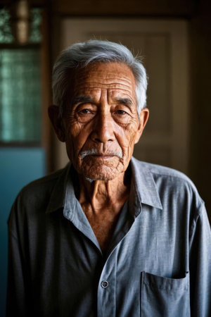 Portrait of an old Asian man with gray hair and beard.の素材