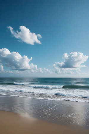 Beautiful seascape with blue sky and white clouds on the beachの素材