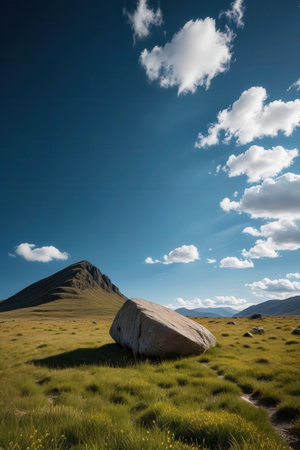 Mountain landscape with a stone in the foreground and blue sky with cloudsの素材