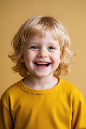 Portrait of a smiling little blond boy on a yellow background.の素材