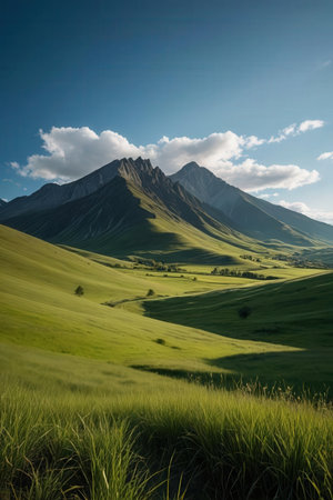 Mountain landscape with green grass and blue sky. Caucasus, Russiaの素材