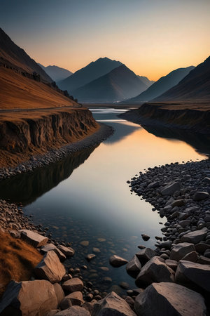 Mountain river at sunset. Ladakh, Jammu and Kashmir, Indiaの素材