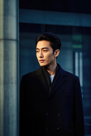 Portrait of a handsome young asian man in black coat.の素材