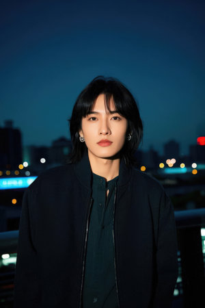 Portrait of a beautiful asian woman in the city at nightの素材