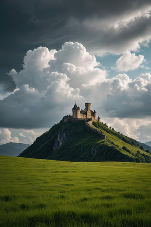 Beautiful medieval castle on the hill in the mountains under cloudy sky.の素材