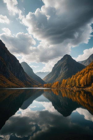 Beautiful autumn landscape with mountain lake and sky reflected in water.の素材