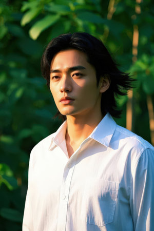 Portrait of a young asian man in a white shirt.の素材