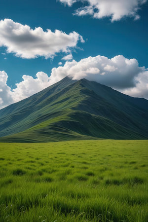 Green meadow and mountain under blue sky with white clouds in the backgroundの素材