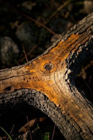 Wooden log on the background of the forest. Selective focus.の素材