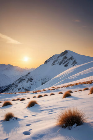 Mountains at sunset in winter. Russia, Siberia, Altai mountains.の素材