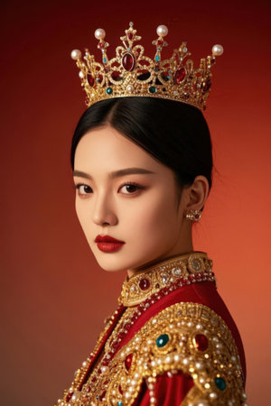 Portrait of a beautiful asian woman in traditional costume with golden crownの素材