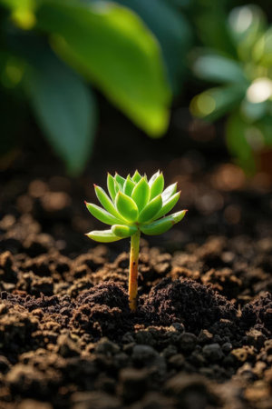 Close up of small green plant in the soil. Nature background.の素材