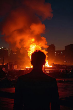 Man silhouette in front of a burning building in the city at nightの素材