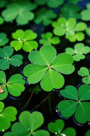 Green clover leaves in the water, shallow depth of field.の素材