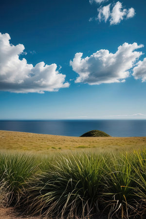 Grassland and sea in Coromandel Peninsula, New Zealandの素材