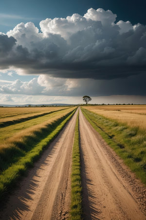 Dirt road in the field with trees and clouds in the backgroundの素材