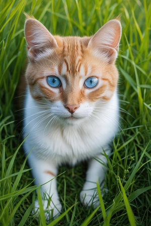 Portrait of a red cat with blue eyes in the green grassの素材