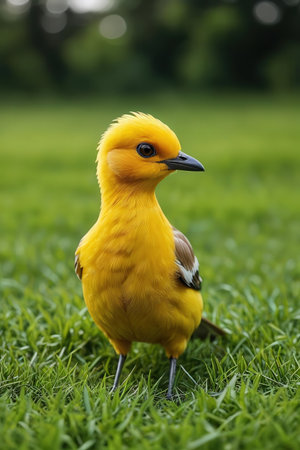 Little yellow bird standing on the green grass, close-up.の素材
