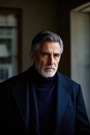 Portrait of a senior man with gray hair and beard wearing a blue coat.の素材