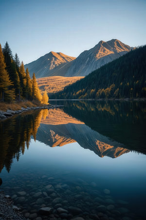Mountain lake in the autumn at sunrise. Siberia, Russia.の素材