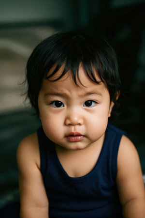 Portrait of cute asian baby girl looking at camera with sad faceの素材