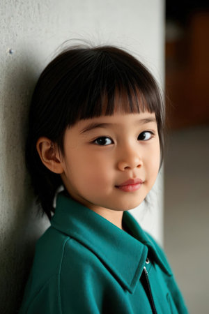 Portrait of cute little asian girl in green coat looking at cameraの素材