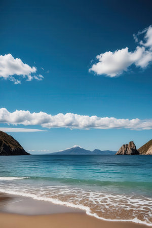 Beautiful seascape with mountain and blue sky in background.の素材