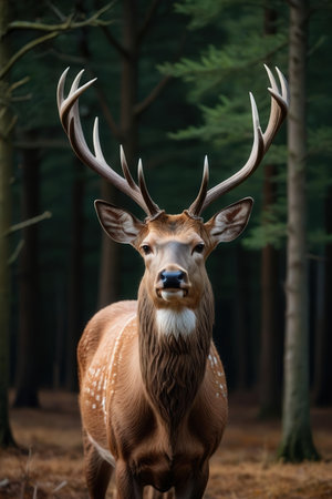 Male deer with large antlers standing in the forest. Wildlife scene from nature.の素材