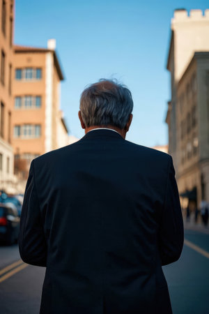Back view of an elderly man in a business suit looking at the cityの素材
