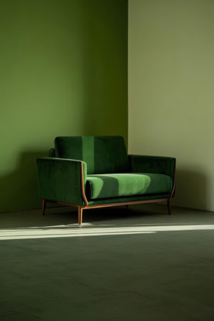 Green armchair in a room with green wall and concrete floor.の素材