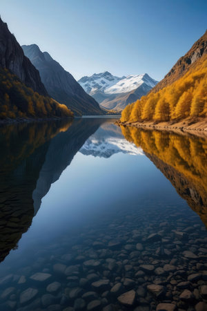 Mountain lake with reflection in autumn, Yading national level reserve, Daocheng, Sichuan Province, Chinaの素材