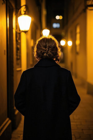 Back view of a woman in a black coat walking on the street at nightの素材