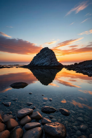 Sunset over the sea, rocks and sky reflected in the waterの素材