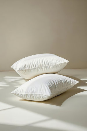 Two white pillows on a white floor with a shadow on the wallの素材