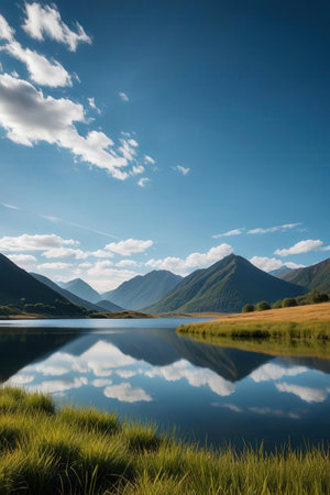 Natural landscape of New Zealand alps and lake with reflection in waterの素材