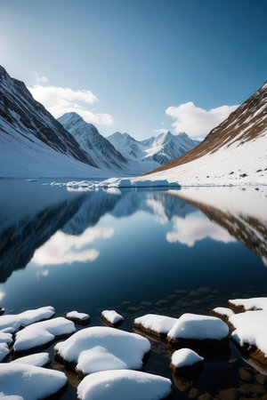 Beautiful winter landscape with snow covered mountains and lake in the mountainsの素材