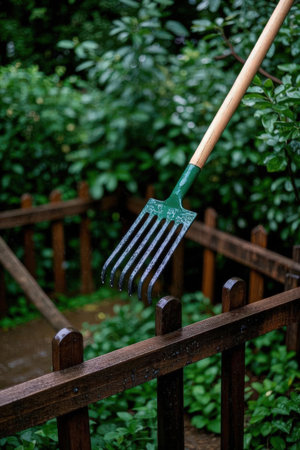 Gardening tools on a wooden fence in the garden. Selective focus.の素材