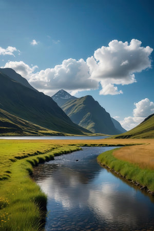Beautiful mountain landscape with river and blue sky. Iceland, Europe.の素材