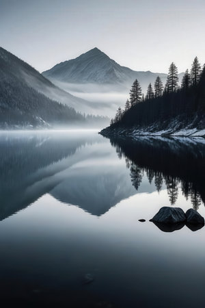 Mountain lake in the early morning with fog and reflection in waterの素材