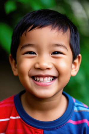 Cute asian boy smiling in the park. Close up portrait.の素材