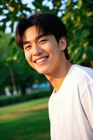 Young asian man smiling and looking at the camera in the parkの素材