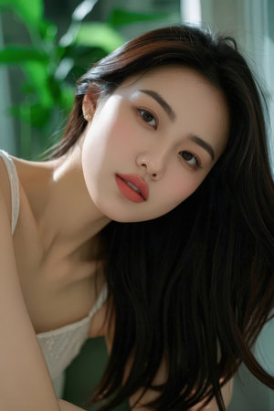 Beautiful slim body of asian woman in studio, closeup portraitの素材