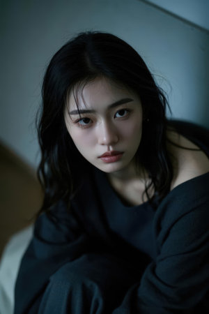 Portrait of a beautiful asian woman in the dark room.の素材