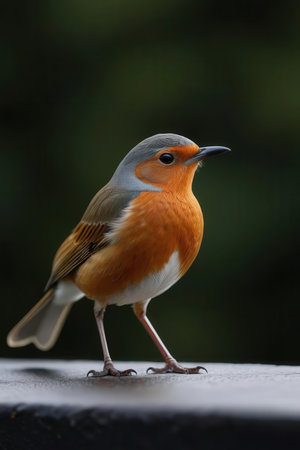 Robin, Erithacus rubecula, single bird on wall, Warwickshireの素材