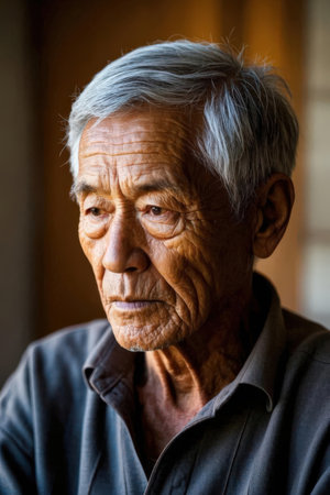 Portrait of an old Asian man looking at the camera with a serious expressionの素材