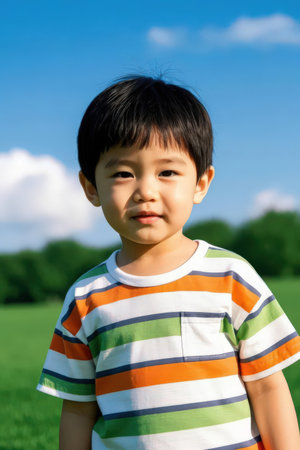 Cute little asian boy in the park with blue sky backgroundの素材