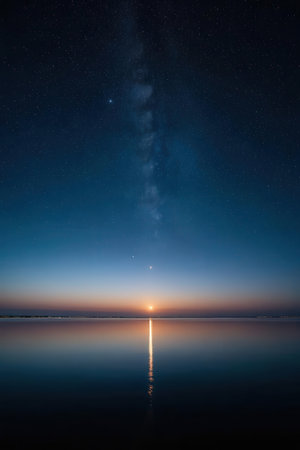 Milky Way over the lake at night with stars in the skyの素材