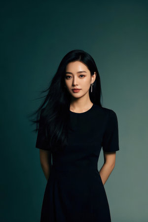 Portrait of a beautiful young asian woman in black dress.の素材