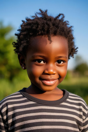 Portrait of a cute african american little boy smiling outdoorsの素材